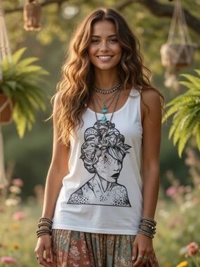 Women’s Line Art White Bohemian Tank Top with Black Floral Female Drawing NWOT